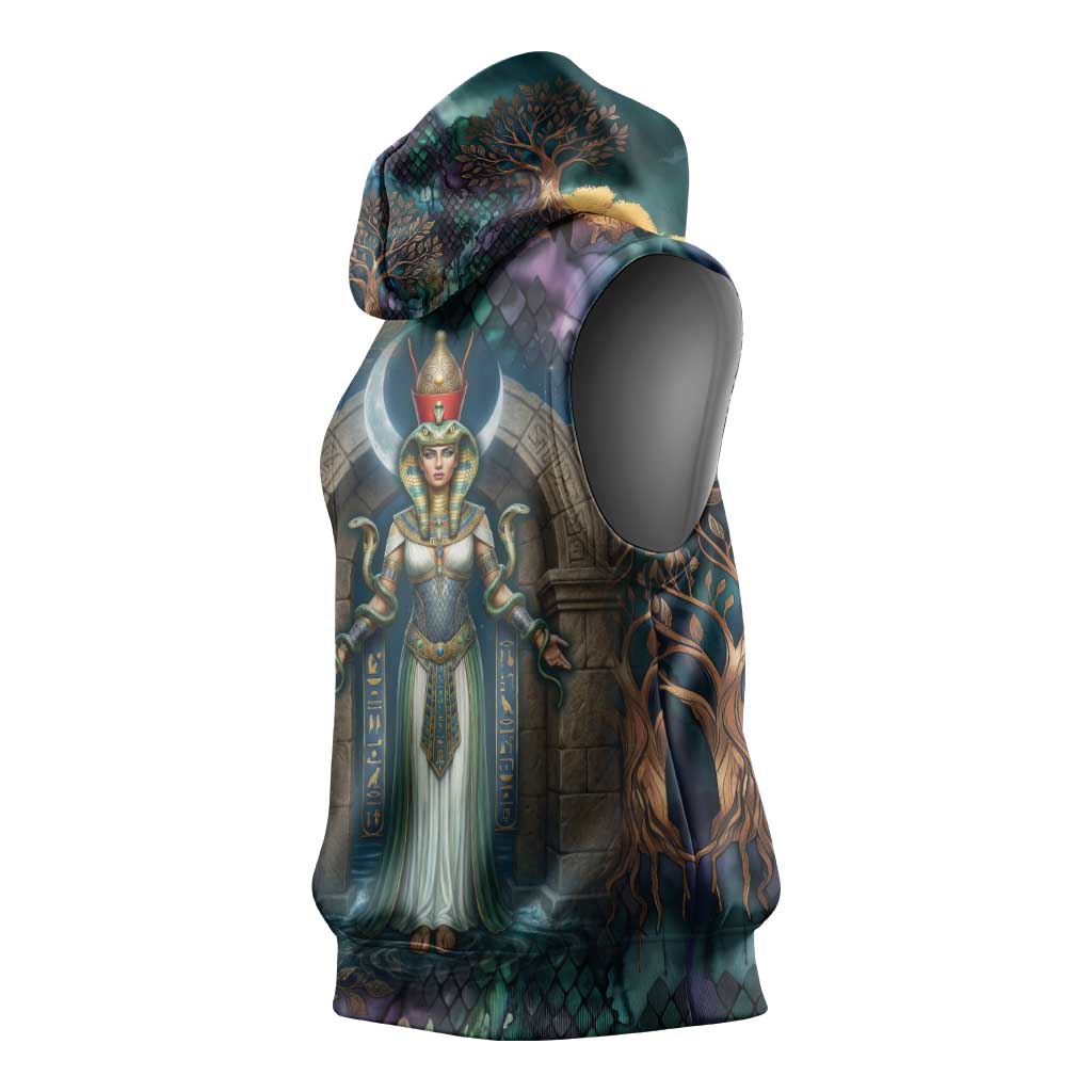 Amunet Ancient Temple Egyptian Sleeveless Hoodie with Golden Serpent Mythology in Teal Tones