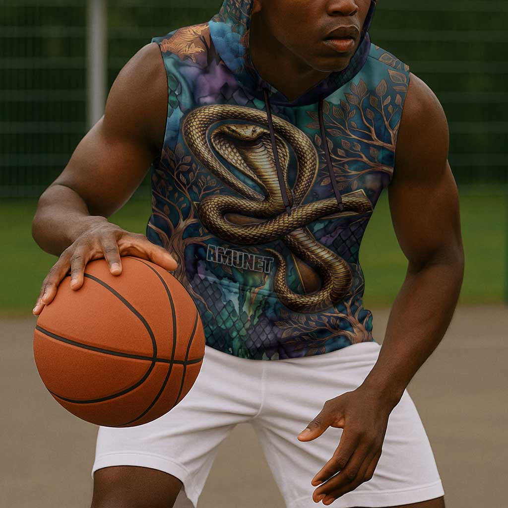 Amunet Ancient Temple Egyptian Sleeveless Hoodie with Golden Serpent Mythology in Teal Tones