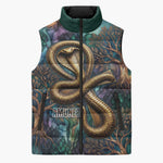 Amunet Ancient Temple Egyptian Sleeveless Puffer Jacket with Golden Serpent Mythology in Teal Tones