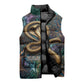 Amunet Ancient Temple Egyptian Sleeveless Puffer Jacket with Golden Serpent Mythology in Teal Tones
