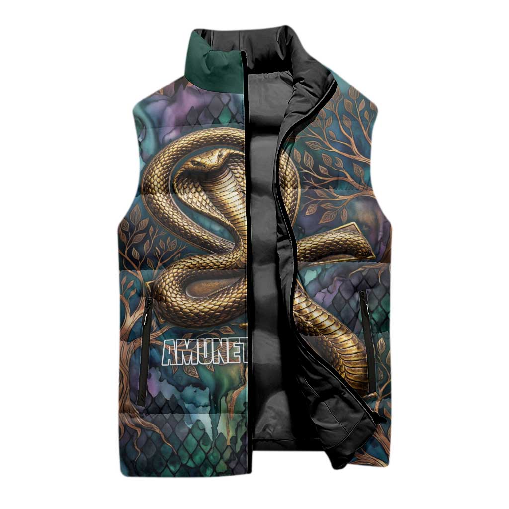 Amunet Ancient Temple Egyptian Sleeveless Puffer Jacket with Golden Serpent Mythology in Teal Tones