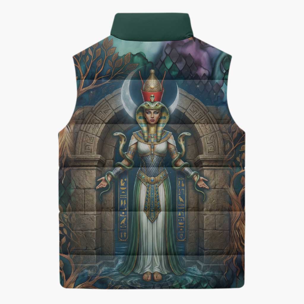 Amunet Ancient Temple Egyptian Sleeveless Puffer Jacket with Golden Serpent Mythology in Teal Tones