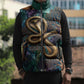 Amunet Ancient Temple Egyptian Sleeveless Puffer Jacket with Golden Serpent Mythology in Teal Tones