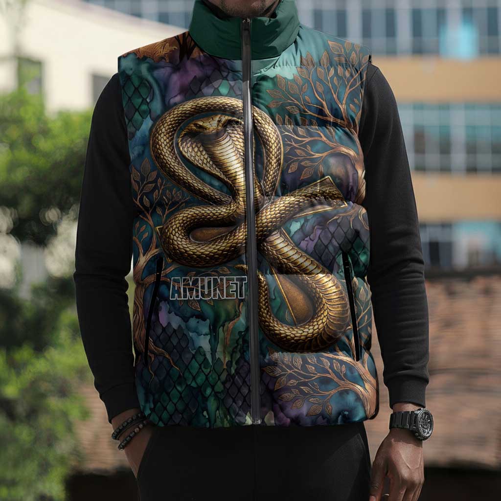 Amunet Ancient Temple Egyptian Sleeveless Puffer Jacket with Golden Serpent Mythology in Teal Tones