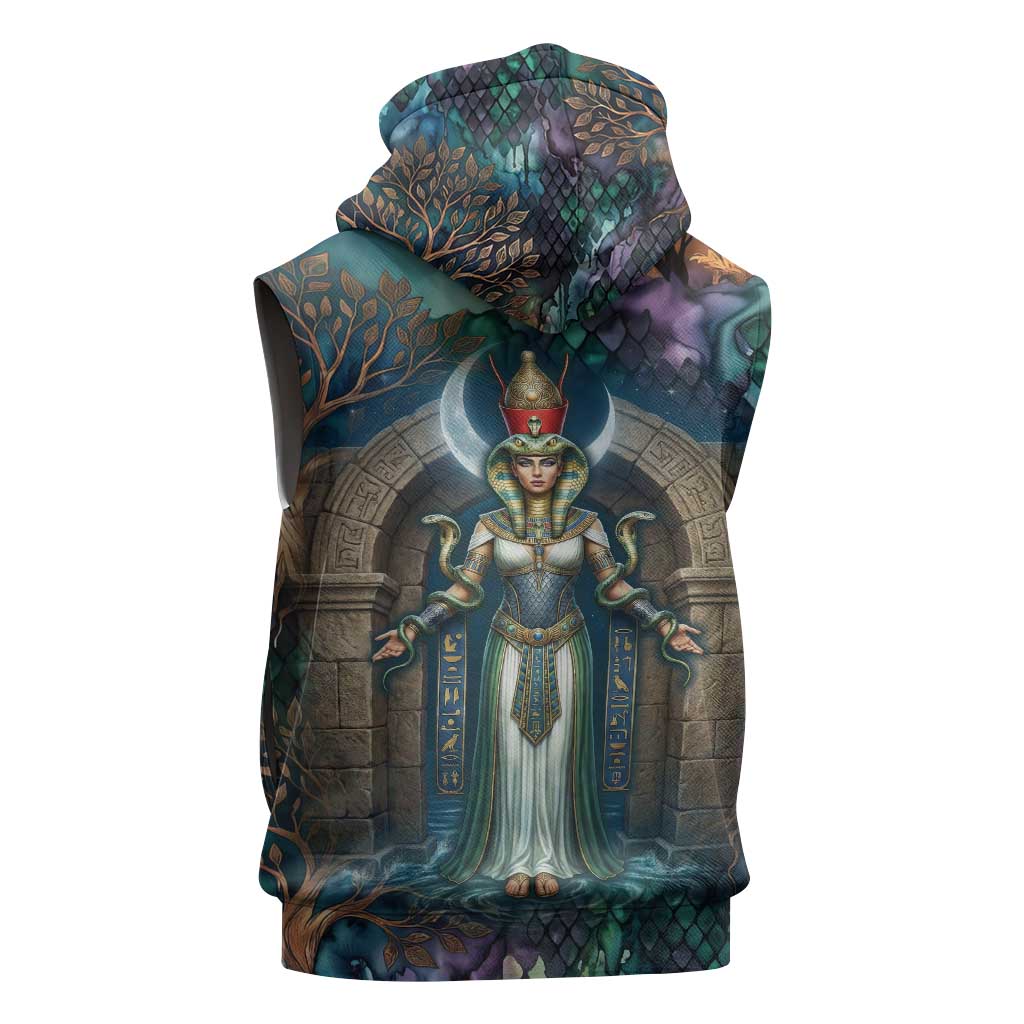Amunet Ancient Temple Egyptian Sleeveless Zip Hoodie with Golden Serpent Mythology in Teal Tones