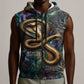 Amunet Ancient Temple Egyptian Sleeveless Zip Hoodie with Golden Serpent Mythology in Teal Tones
