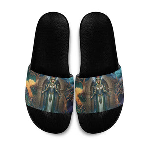 Amunet Ancient Temple Egyptian Slide Sandals with Golden Serpent Mythology in Teal Tones