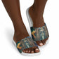 Amunet Ancient Temple Egyptian Slide Sandals with Golden Serpent Mythology in Teal Tones