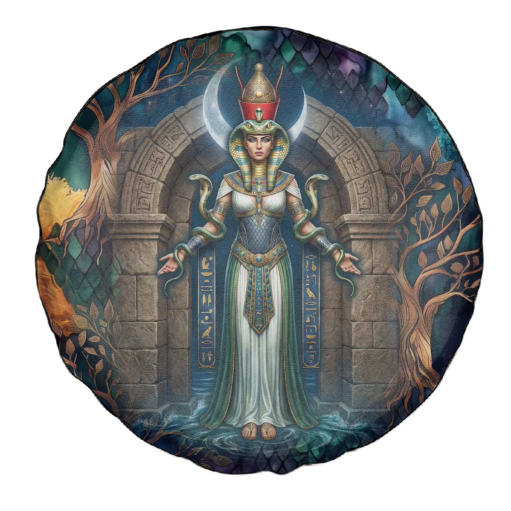 Amunet Ancient Temple Egyptian Spare Tire Cover with Golden Serpent Mythology in Teal Tones