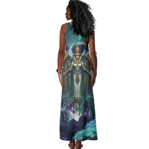 Amunet Ancient Temple Egyptian Tank Maxi Dress with Golden Serpent Mythology in Teal Tones