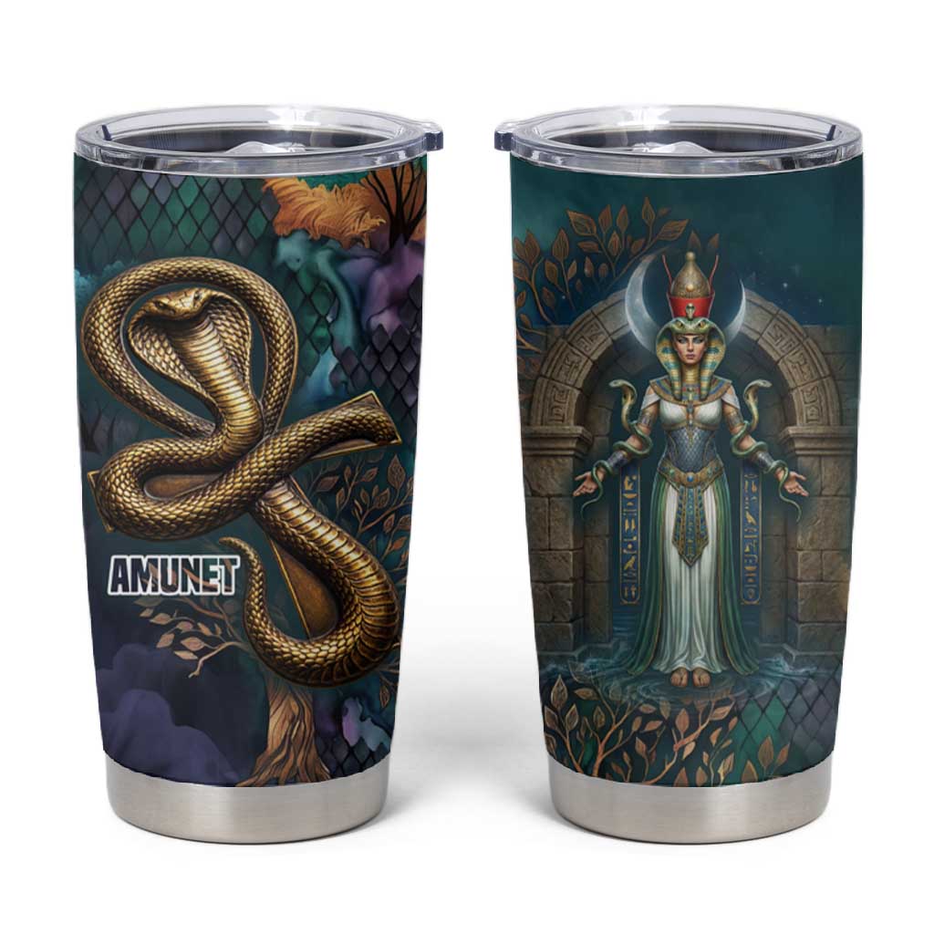 Amunet Ancient Temple Egyptian Tumbler Cup with Golden Serpent Mythology in Teal Tones