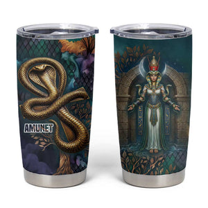 Amunet Ancient Temple Egyptian Tumbler Cup with Golden Serpent Mythology in Teal Tones