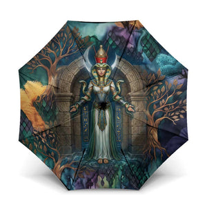 Amunet Ancient Temple Egyptian Umbrella with Golden Serpent Mythology in Teal Tones