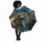 Amunet Ancient Temple Egyptian Umbrella with Golden Serpent Mythology in Teal Tones