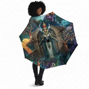 Amunet Ancient Temple Egyptian Umbrella with Golden Serpent Mythology in Teal Tones