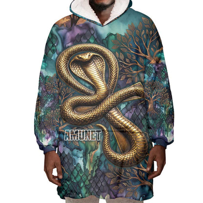 Amunet Ancient Temple Egyptian Wearable Blanket Hoodie with Golden Serpent Mythology in Teal Tones