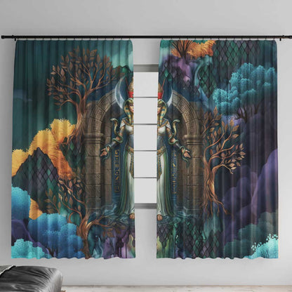Amunet Ancient Temple Egyptian Window Curtain with Golden Serpent Mythology in Teal Tones