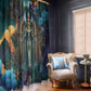 Amunet Ancient Temple Egyptian Window Curtain with Golden Serpent Mythology in Teal Tones