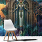 Amunet Ancient Temple Egyptian Window Curtain with Golden Serpent Mythology in Teal Tones