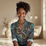 Amunet Ancient Temple Egyptian Women Casual Shirt with Golden Serpent Mythology in Teal Tones