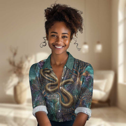 Amunet Ancient Temple Egyptian Women Casual Shirt with Golden Serpent Mythology in Teal Tones