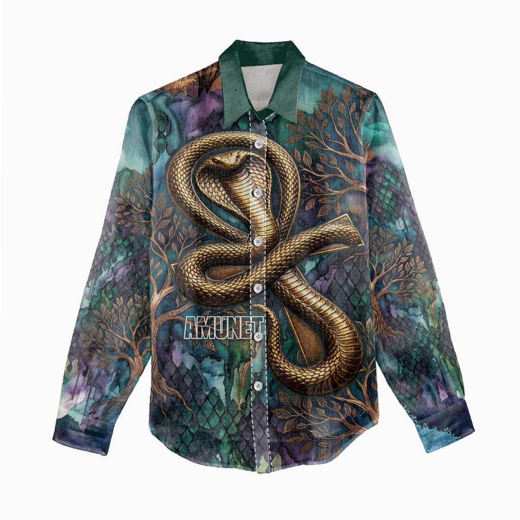 Amunet Ancient Temple Egyptian Women Casual Shirt with Golden Serpent Mythology in Teal Tones