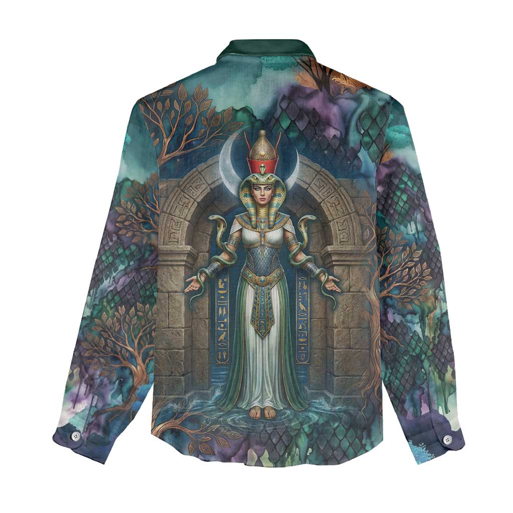 Amunet Ancient Temple Egyptian Women Casual Shirt with Golden Serpent Mythology in Teal Tones