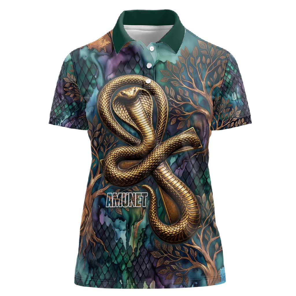 Amunet Ancient Temple Egyptian Women Polo Shirt with Golden Serpent Mythology in Teal Tones