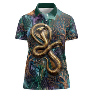 Amunet Ancient Temple Egyptian Women Polo Shirt with Golden Serpent Mythology in Teal Tones