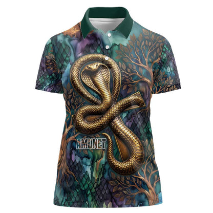 Amunet Ancient Temple Egyptian Women Polo Shirt with Golden Serpent Mythology in Teal Tones