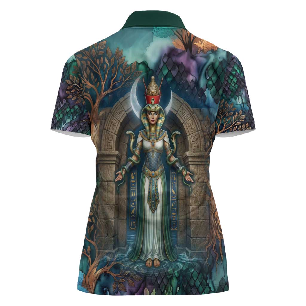 Amunet Ancient Temple Egyptian Women Polo Shirt with Golden Serpent Mythology in Teal Tones