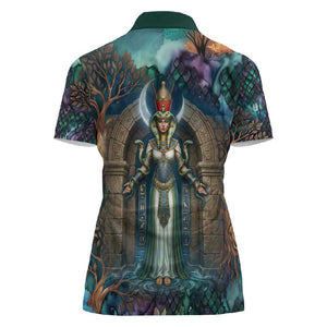 Amunet Ancient Temple Egyptian Women Polo Shirt with Golden Serpent Mythology in Teal Tones