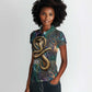 Amunet Ancient Temple Egyptian Women Polo Shirt with Golden Serpent Mythology in Teal Tones