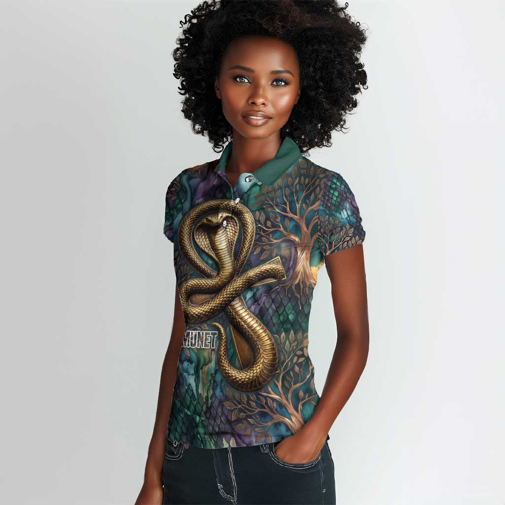 Amunet Ancient Temple Egyptian Women Polo Shirt with Golden Serpent Mythology in Teal Tones