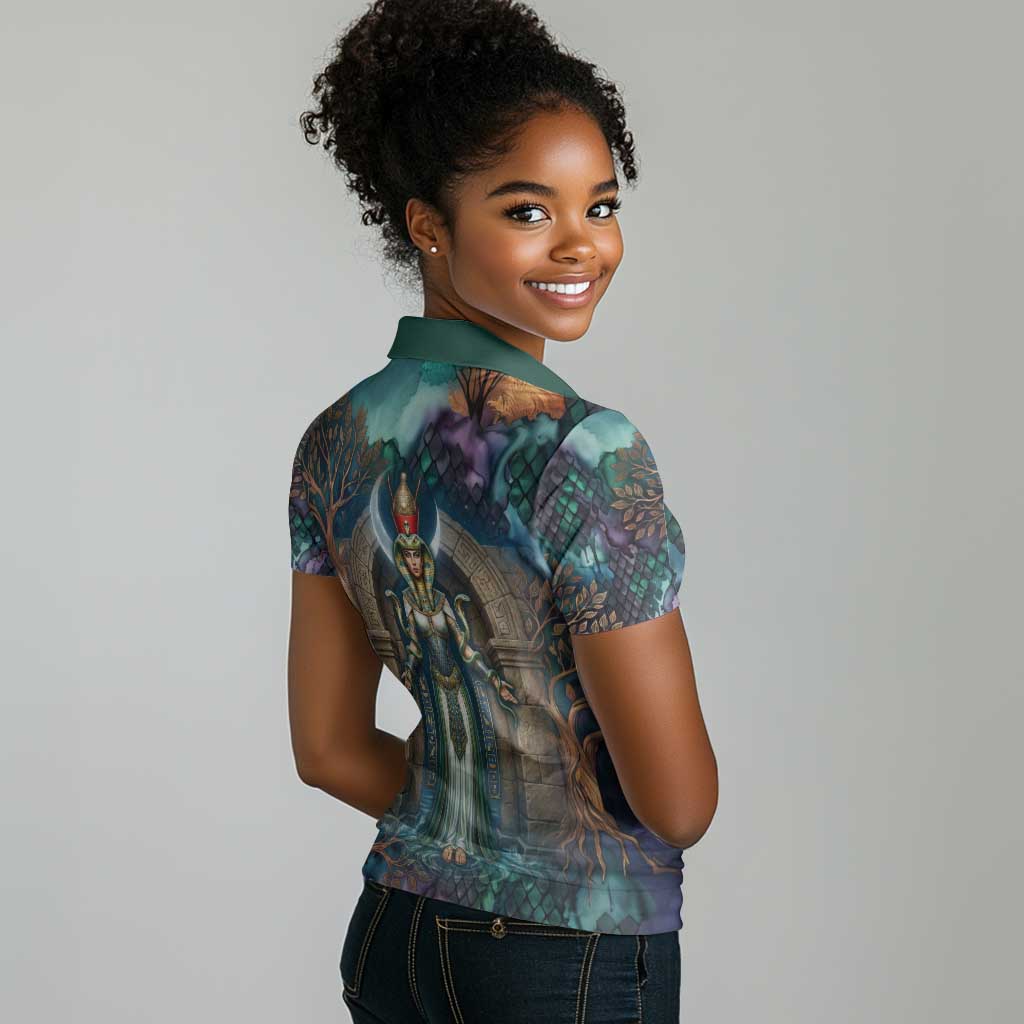 Amunet Ancient Temple Egyptian Women Polo Shirt with Golden Serpent Mythology in Teal Tones