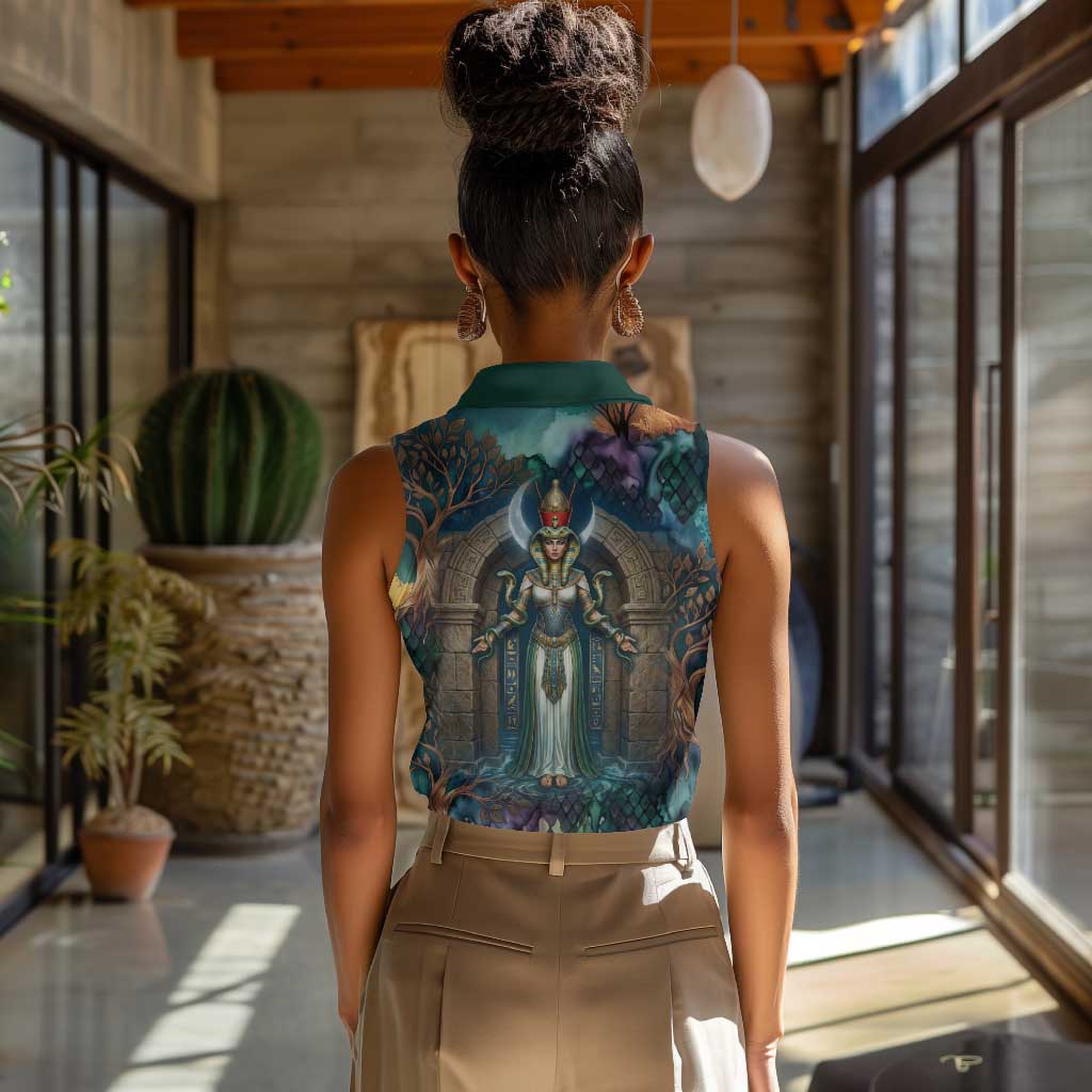 Amunet Ancient Temple Egyptian Women Sleeveless Polo Shirt with Golden Serpent Mythology in Teal Tones