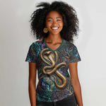 Amunet Ancient Temple Egyptian Women V-Neck T-Shirt with Golden Serpent Mythology in Teal Tones