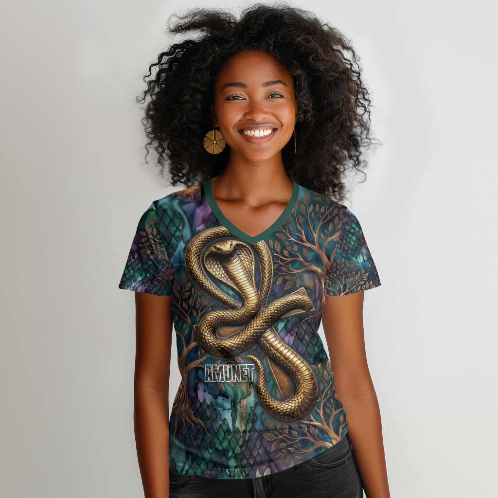 Amunet Ancient Temple Egyptian Women V-Neck T-Shirt with Golden Serpent Mythology in Teal Tones