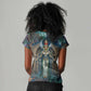 Amunet Ancient Temple Egyptian Women V-Neck T-Shirt with Golden Serpent Mythology in Teal Tones