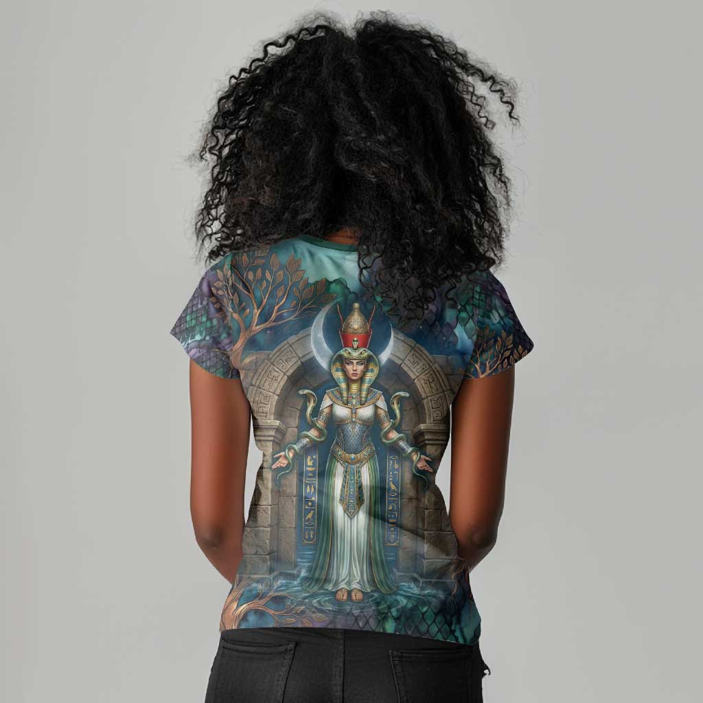 Amunet Ancient Temple Egyptian Women V-Neck T-Shirt with Golden Serpent Mythology in Teal Tones