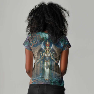 Amunet Ancient Temple Egyptian Women V-Neck T-Shirt with Golden Serpent Mythology in Teal Tones
