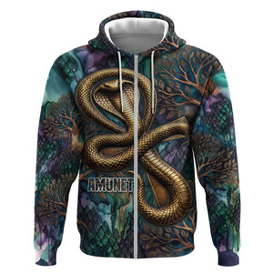 Amunet Ancient Temple Egyptian Zip Hoodie with Golden Serpent Mythology in Teal Tones
