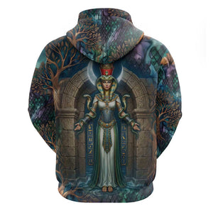 Amunet Ancient Temple Egyptian Zip Hoodie with Golden Serpent Mythology in Teal Tones