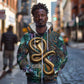 Amunet Ancient Temple Egyptian Zip Hoodie with Golden Serpent Mythology in Teal Tones