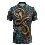 Amunet Ancient Temple Egyptian Zipper Polo Shirt with Golden Serpent Mythology in Teal Tones
