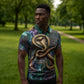 Amunet Ancient Temple Egyptian Zipper Polo Shirt with Golden Serpent Mythology in Teal Tones