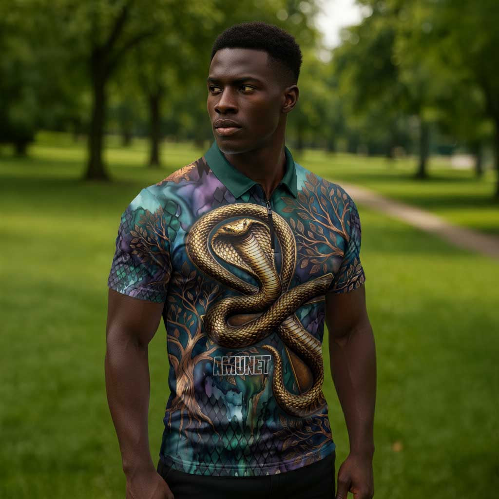 Amunet Ancient Temple Egyptian Zipper Polo Shirt with Golden Serpent Mythology in Teal Tones