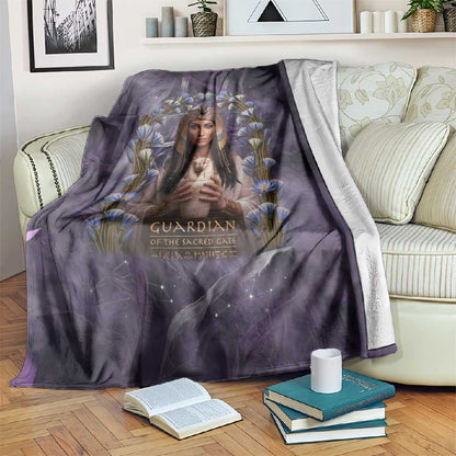 Anput Sacred Urn Blanket with Papyrus Flowers Egyptian Guardian in Violet Mist