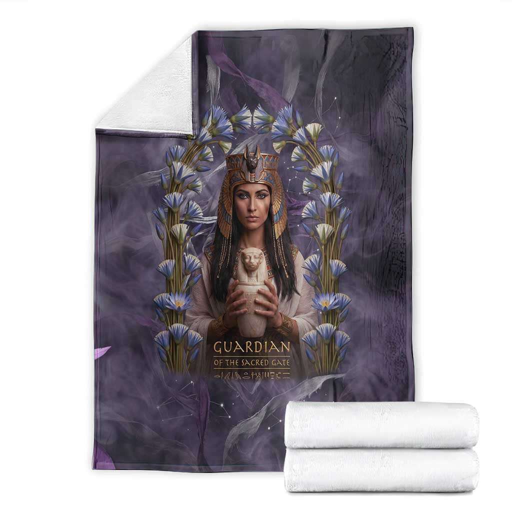 Anput Sacred Urn Blanket with Papyrus Flowers Egyptian Guardian in Violet Mist