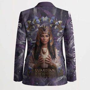 Anput Sacred Urn Blazer with Papyrus Flowers Egyptian Guardian in Violet Mist